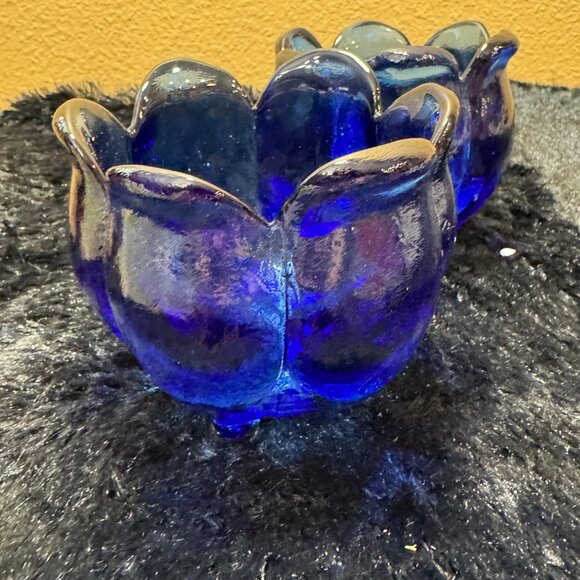 Vintage Cobalt Blue Recycled Glass Tulip Shape  Shaped Candle Holders  Set Of 2 - Picture 7 of 8